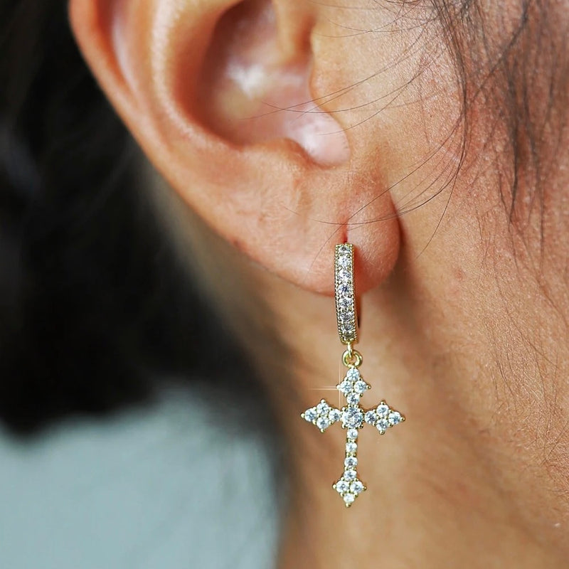 CELTIC CROSS DROP EARRINGS - WHITE GOLD