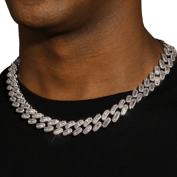 15MM BAGUETTE CUBAN LINK CHAIN - WHITE GOLD