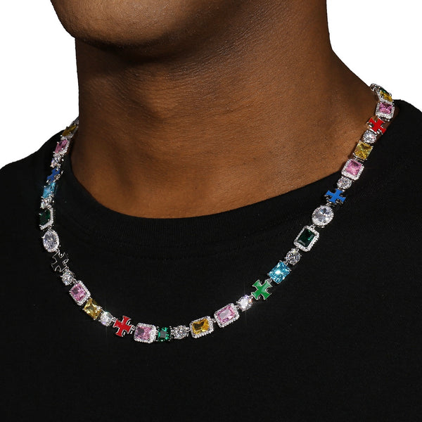 MULTI GEMSTONE MOTIF CHAIN - WHITE GOLD- 925 SILVER - VVS1